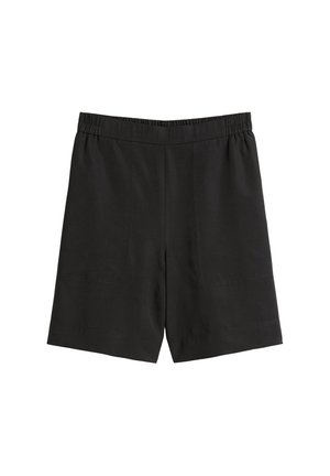 Schwarze Shorts mit elastischem Bund, aus leichtem Stoff gefertigt. Sie haben einen geraden Schnitt und dezente Nähte an den Seiten.
