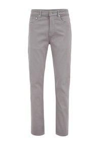 Gray denim pants with a straight cut, featuring a button fly, belt loops, and front pockets. Smooth texture with minimalistic design.
