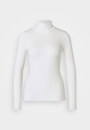 White ribbed turtleneck sweater with long sleeves, featuring a fitted design and soft texture. Flat collar and seamless look.
