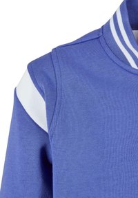 Blå sweatshirt med en vit detalj på axeln och en randig kragsdesign. Tillverkad av ett mjukt, texturerat tyg.