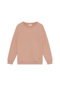 Sudadera de manga larga de cuello redondo en color rosa claro liso, con puños y dobladillo de canalé, y un pequeño logo de la marca cerca del dobladillo inferior.
