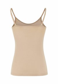 Beżowa bluzka na ramiączkach wykonana z gładkiego materiału, z cienkimi regulowanymi ramiączkami, okrągłym dekoltem i dopasowanym krojem.