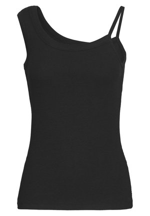 Sort ærmeløs ribbet tank top med asymmetrisk halsudskæring, der har én bred skulderstrop og én tynd dobbelt strop på den anden side.