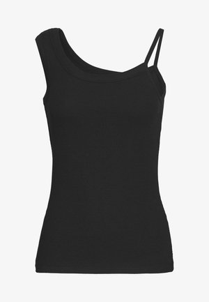 Sort ærmeløs ribbet tank top med asymmetrisk halsudskæring, der har én bred skulderstrop og én tynd dobbelt strop på den anden side.