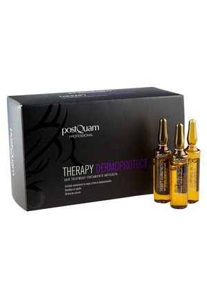 Boîte noire étiquetée postQuam Therapy Dermoprotect traitement capillaire avec trois petites ampoules en verre ambré posées à côté.