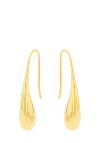 Orecchini a goccia in oro con una finitura liscia, caratterizzati da ganci allungati. Il design semplice mette in risalto le curve e la texture riflettente.