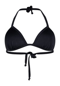 Črn trikotni bikini top z nastavljivimi zavezanji okoli vratu in hrbta, izdelan iz gladkega teksturiranega materiala, z nabranimi detajli na skodelicah.