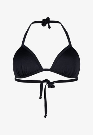 Svart triangulär bikiniöverdel med justerbara nack- och ryggsnören, tillverkad av ett slätt, texturerat material, med samlade detaljer vid kuporna.