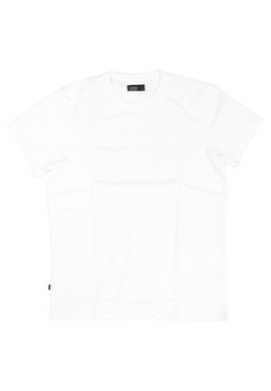 Witte katoenen t-shirt met korte mouwen, ronde halsontwerp, gladde textuur, met een klein zwart label aan de onderlinkerkant.