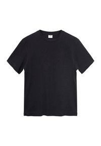 Tricou negru cu mânecă scurtă, fabricat dintr-un material moale, uniform, cu guler rotund, margine dreaptă și slituri laterale în partea de jos pentru o croială relaxată.