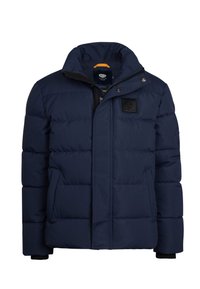 Giacca imbottita blu marina con design trapuntato, dotata di collo alto, chiusura con zip e tasche laterali. Tessuto testurizzato con un patch del logo.