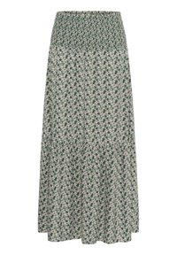 Grøn blomster maxi nederdel med en smocked talje, har et lagdelt design og små lyserøde og hvide blomster over det hele.