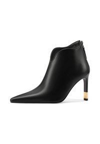 Stivale alla caviglia in pelle nera con punta affilata e tacco alto. Presenta un tacco con accenti dorati e un design a ritaglio alla caviglia. Finitura testurizzata.