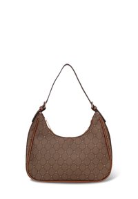 Bruine schoudertas met patroon en een gebogen vorm, voorzien van een smalle schouderriem en contrasterende bruine bies en metalen details.