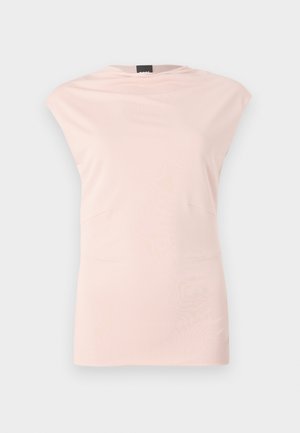 Lys rosa ermeløs topp med rund hals, subtil drapering og to sidesteamdetaljer. Laget av myk, glatt stoff med en strømlinjeformet silhuett.