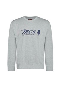 Lys grå sweatshirt lavet af bomuld med lange ærmer, rund halsudskæring og et marineblåt grafisk tryk med teksten "MCS" og en silhuet.