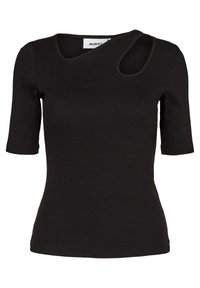 T-shirt nera a coste con maniche corte, caratterizzata da un collo rotondo e un dettaglio di taglio distintivo su una spalla.