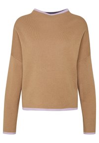 Hnědý pletený svetr s boxy střihem, dlouhými rukávy a ribbovaným límcem a lemem v odstínu lila. Hladká textura s jednoduchým, čistým designem.
