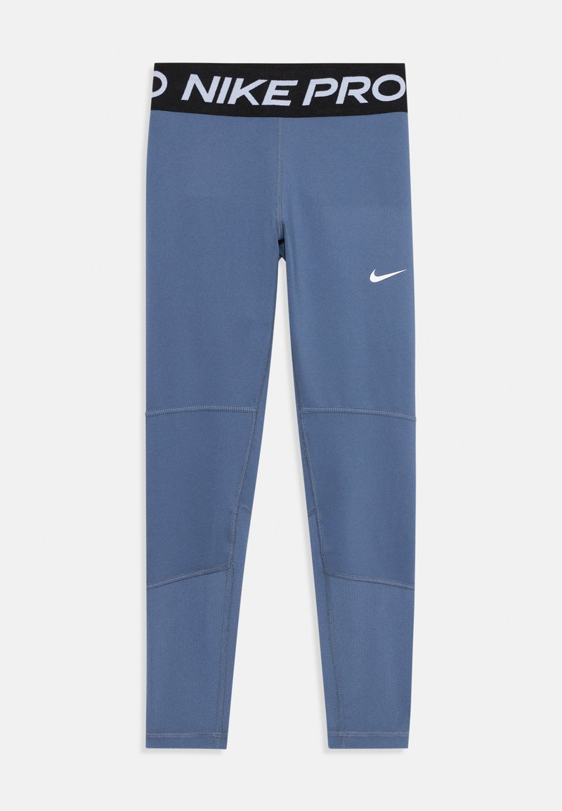 Leggings Nike Pro bleus avec une taille noire portant l'inscription "NIKE PRO" en texte blanc, design épuré et tissu texturé avec des détails en panneaux.