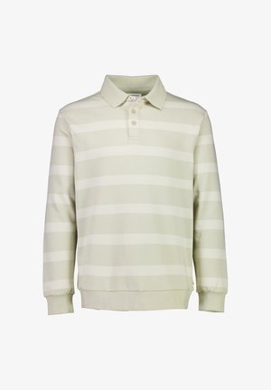 Világoszöld, hosszú ujjú galléros póló fehér vízszintes csíkokkal, galléros nyakkivágással és háromgombos elülső résszel, puha anyagból készült.