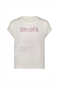 Valkoinen puuvillainen T-paita lyhyillä käärityillä hihoilla, jossa on vaaleanpunaisilla kiviä "SUN LOVER" ja haalistunut grafiikkakuosi. Teksti sisältää "hiukset ylös, aurinkolasit päälle, maailma pois."