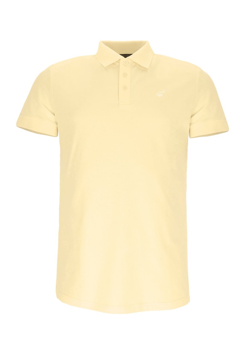 Polohemd in hellgelb, aus Baumwolle. Verfügt über einen klassischen Kragen, eine Drei-Knopf-Leiste und ein kleines Logo auf der Brust. Kurze Ärmel.