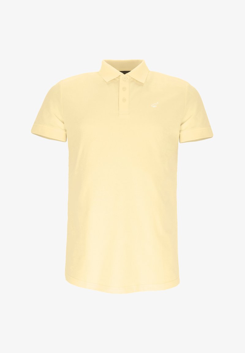 Polohemd in hellgelb, aus Baumwolle. Verfügt über einen klassischen Kragen, eine Drei-Knopf-Leiste und ein kleines Logo auf der Brust. Kurze Ärmel.