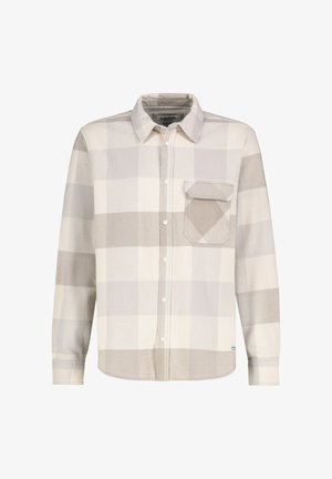 Langärmliges kariertes Hemd in hellgrauen und cremigen Farbtönen, mit Knopfverschluss vorne, einer einzelnen Brusttasche und abgerundetem Saum. Weicher Stoff.