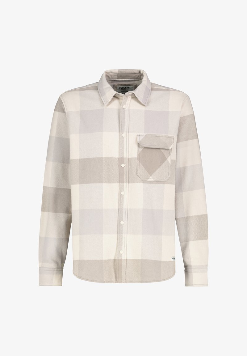 Langärmliges kariertes Hemd in hellgrauen und cremigen Farbtönen, mit Knopfverschluss vorne, einer einzelnen Brusttasche und abgerundetem Saum. Weicher Stoff.