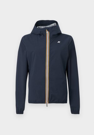 Giacca con cappuccio blu navy con polsini elastici, zip frontale verticale con strisce bianche, gialle e arancioni, e piccolo logo sul petto.