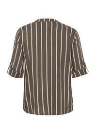 Brown striped shirt with a relaxed fit, rolled cuff sleeves, and a smooth texture. Vertical beige stripes contrast against the dark background.