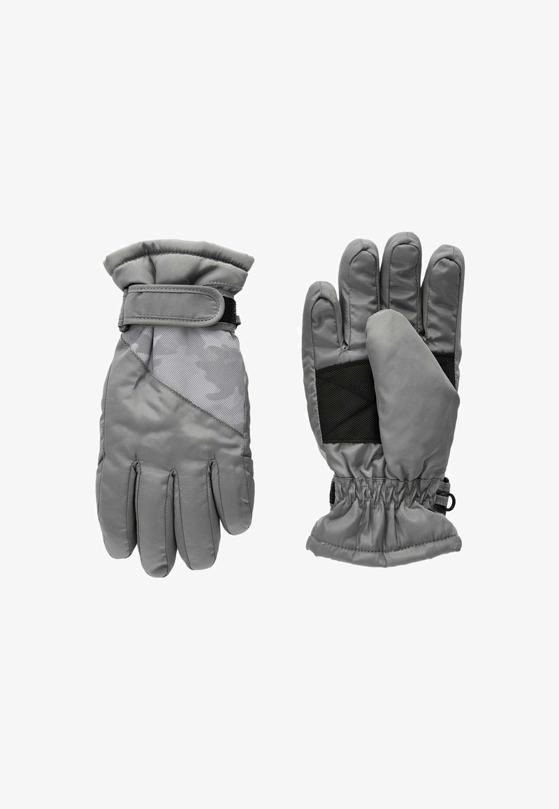 Graue isolierte Handschuhe mit wasserfestem Außenmaterial, gepolsterter Konstruktion, elastischen Bündchen und einem Camouflage-Musterakzent auf einem Handschuh.