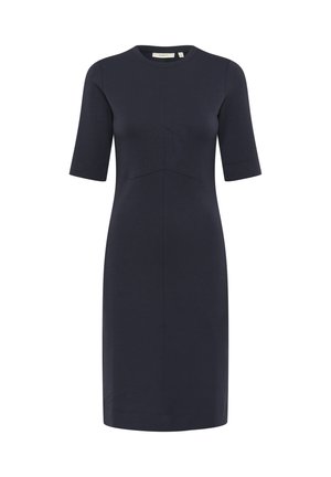 Morska plava haljina s kratkim rukavima, okruglim izrezom i prilagođenim siluetom. Izrađena od glatkog materijala, s suptilnim detaljima šavova.