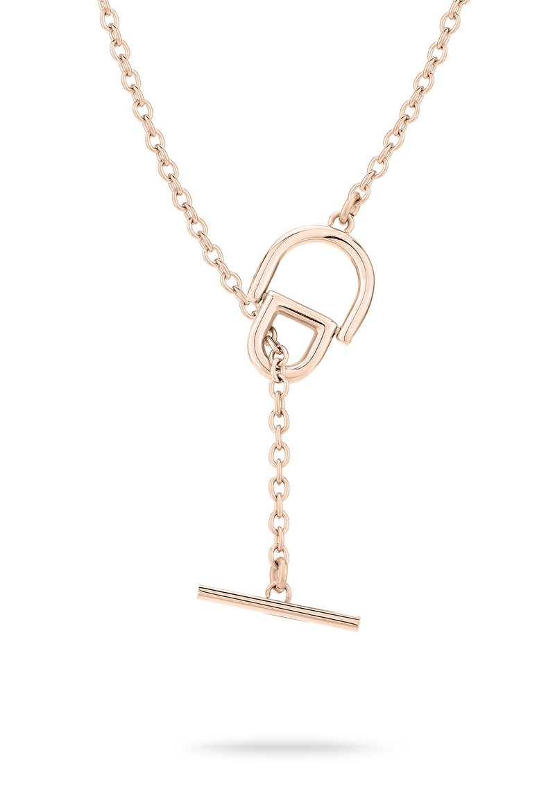 Halskette aus Roségold mit einer verbundenen Kette, versehen mit einem Toggle-Verschluss in Form eines offenen Schlosses und einem horizontalen Barde tail.