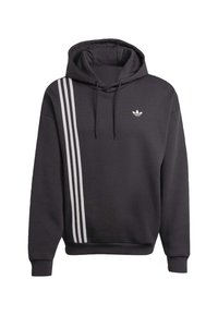 Hettegenser i mørkegrå bomullsblanding med hvitt tre-stripes design på venstre side og liten logo på brystet. Justerbar snor.