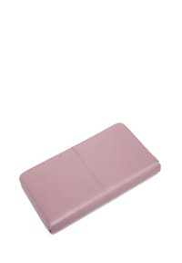 Pink leather wallet with a smooth texture, rectangular shape, and visible stitching. Features a fold-over design and no hardware accents.