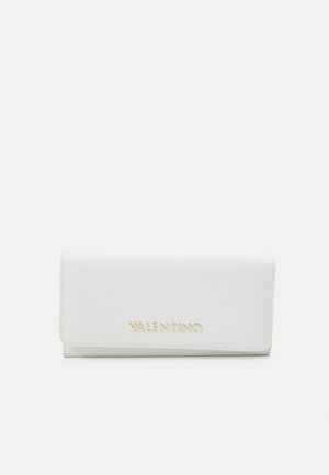 White leather wallet with a smooth texture, gold "VALENTINO" logo, rectangular shape, and a flap closure.