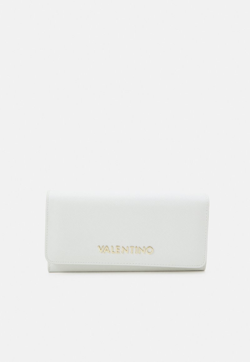 White leather wallet with a smooth texture, gold "VALENTINO" logo, rectangular shape, and a flap closure.