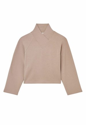 Beige, verkürzter Pullover mit Trichterkragen, langen Ärmeln und glatter Textur. Verfügt über Raglanärmel und ein minimalistisches Design.