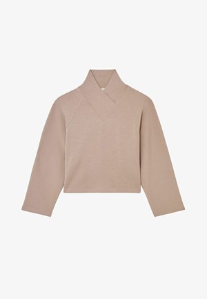 Beige cropped pulóver magas nyakkal, hosszú ujjal és sima textúrával. Ráfutó ujjal és minimalista dizájnnal rendelkezik.