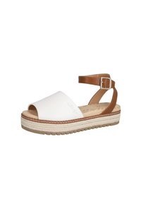 Sandalia blanca de punta abierta con una tira marrón en el tobillo, suela envuelta en yute y suela de goma; cuenta con una plantilla acolchada para mayor confort.
