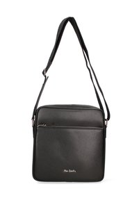 Borsa a tracolla nera in pelle con finitura texturizzata, dotata di una tasca frontale con zip e tracolla regolabile. Include un piccolo dettaglio con il logo del brand.