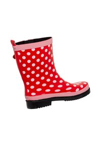 Red rubber rain boot with large white polka dots, striped black and white band at the top, and textured black sole for grip.