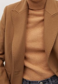 Bruine wollen blend jas met geknipte revers, gecombineerd met een lichtbruine coltrui. Beide kledingstukken hebben een soepele textuur en een getailleerde pasvorm.