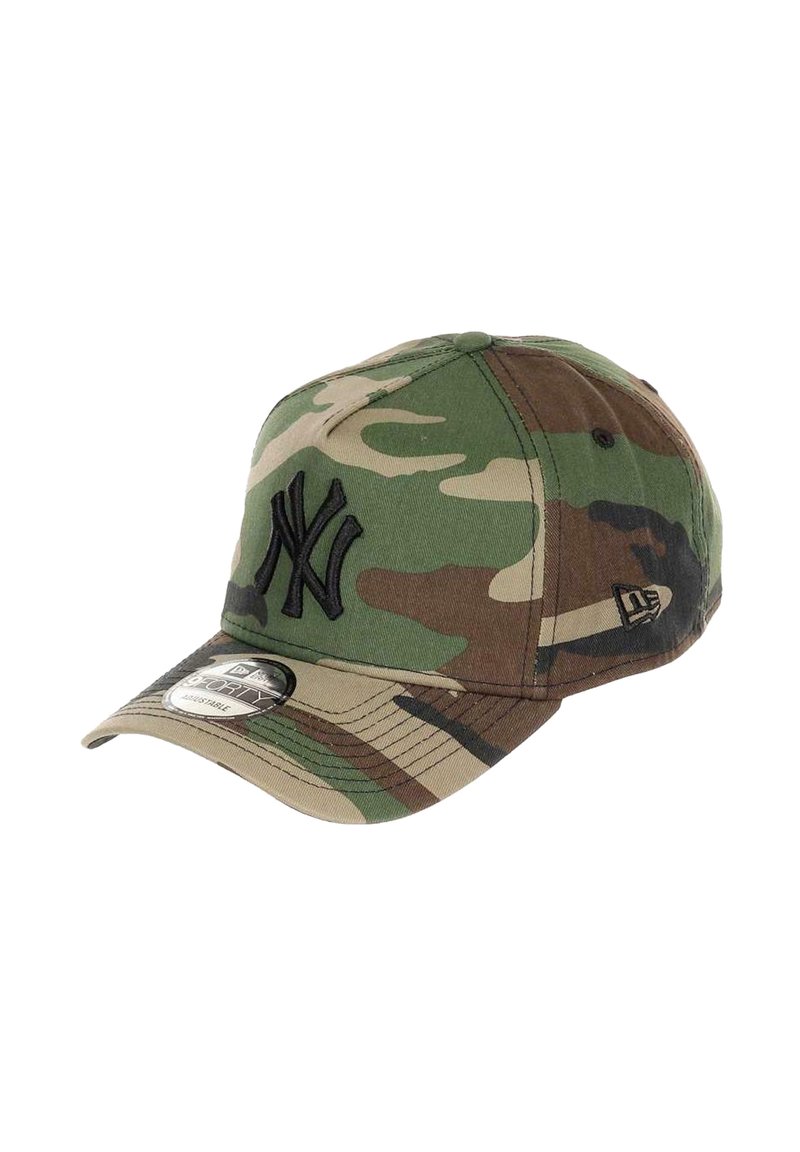 Camouflage-patterned cap in green and brown, featuring a black embroidered 'NY' logo, curved brim, and a tag on the underside.