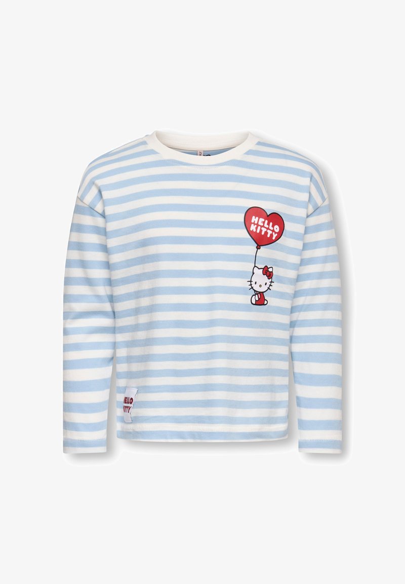 Svetlomodrá a bielo prúžkovaná košeľa s dlhým rukávom, s grafikou Hello Kitty držiacej červený balón v tvare srdca; vyrobená z bavlny s jemnou textúrou.