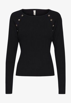 Top negro de manga larga acanalado con accesorios decorativos en los hombros y un escote redondeado. Diseño suave y ajustado.