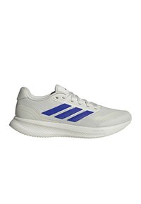 Zapatillas deportivas de color gris claro con parte superior de malla texturizada, rayas moradas en el lateral y suela acolchada etiquetada como "CLOUDFOAM".