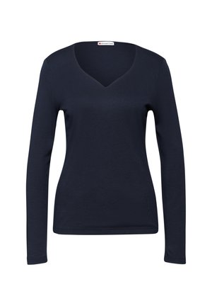 Haut à manches longues bleu marine avec un décolleté en V, fabriqué en tissu doux. Présente une silhouette ajustée et une texture légèrement côtelée.