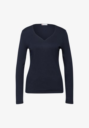 Námořnický top s dlouhým rukávem a výstřihem do V, vyrobený z měkké tkaniny. Má přiléhavý střih a jemnou ribbovanou strukturu.